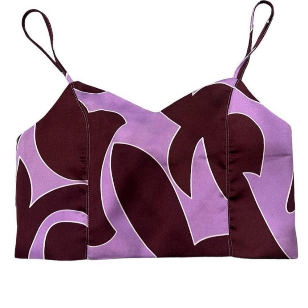 NWT House of Harlow 1960 Burgundy Purple Retro Print Satin Cami Crop Top Medium